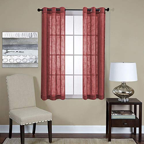 "MIUCO Semi Sheer Curtains Poly Linen Textured Solid Grommet Curtains 63 Inches Long for Living Room 2 Panels (2 x 37 Wide x 63"" Long) Burgundy"