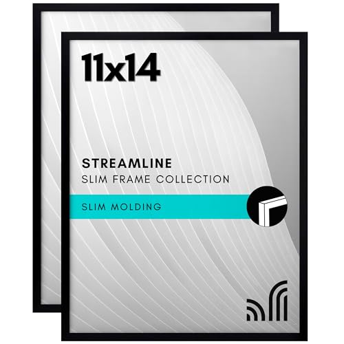 Americanflat 11x14 Picture Frame with Shatter-Resistant Glass - Set of 2 - Streamline Collection - Thin Border Picture Frame for Wall Display - Hanging Hardware Included - Black