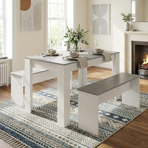 39F Furniture Dream 3-Piece Dining Table Set with 2 Benches, Artificial Marble Top, Compact Modern Kitchen Table, Grey & White, MDF, Easy Assembly, Space-Saving for Small Dining Room
