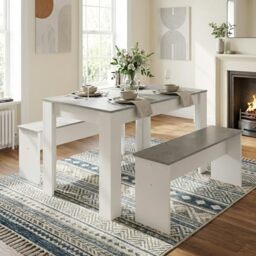 39F Furniture Dream 3-Piece Dining Table Set with 2 Benches, Artificial Marble Top, Compact Modern Kitchen Table, Grey & White, MDF, Easy Assembly, Space-Saving for Small Dining Room