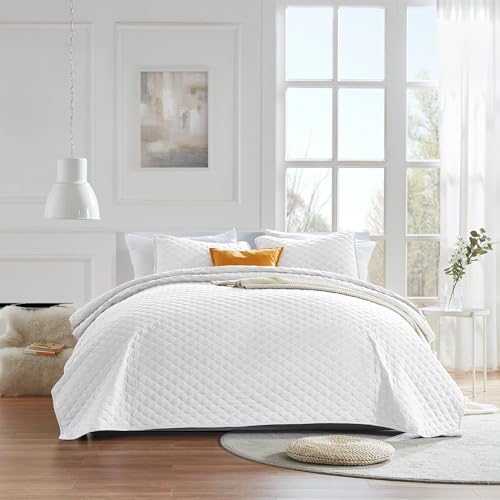 SLEEP ZONE Reversible Summer Quilt Set Full/Queen (90x96 inch - 2 Pillow Shams) - Soft Lightweight Bedspread Coverlet Set for All Season (White Diamond Pattern)