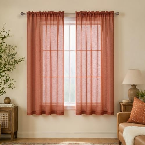 KOUFALL Short Curtains for Bedroom,Sheer Boho Kitchen Curtains 45 Inch Length,Rust Orange Terracotta