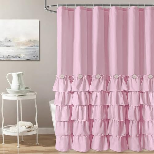 Seasonwood Pink Ruffle Shower Curtain Cute Girly Shower Curtain Button Farmhouse Style Pink Fabric Shower Curtains Blush Shower Curtains for Bathroom