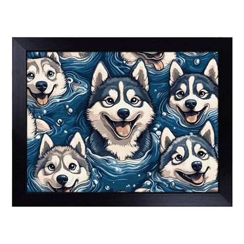 Lap Tray with Bean Bag Cushion, Husky Dog - Handmade in the UK, Raised Wooden Edge, Padded Cushion, Heat-Resistant Wipe-Clean Surface, for Meals, Laptops and Crafts