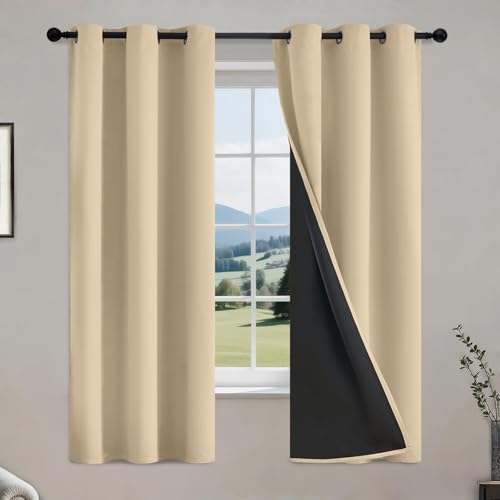 COSVIYA 100% Beige Blackout Curtains for Kids Room 63 Inches Length - Room Darkening Light Blocking Drapes for Bedroom, Grommet Thermal Insulated Window Panels with Black Liner, W40xL63,2 Panels