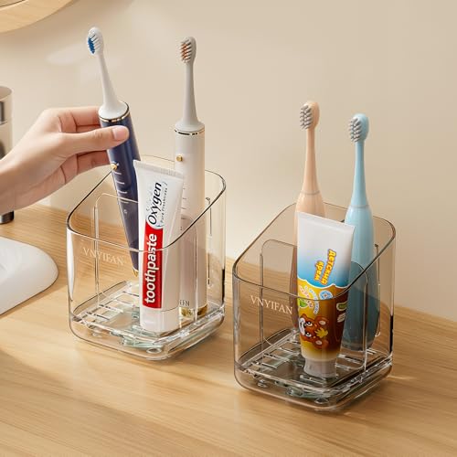 VNYIFAN 3 Slots Toothbrush Holders with Detachable Dividers for Bathrooms - Toothbrush Holder Wall Mounted with Drip Tray, Electric Tooth Brush and Toothpaste Holder Organizer for Bathroom Countertop