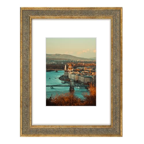 Golden State Art, 9X12 Photo Frame with White Mat for 6X8 Pictures & Real Glass, 1.25-Inch Wide, Distressed Gold
