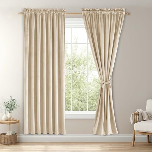 JIUZHEN Beige Velvet Curtains 63 inches for Living Room - Soft Retro Blackout Velvet Drapes Rod Pocket Room Darkening Thermal Insulated for Bedroom/Gallery, 52W x 63L, 2 Panels with Tiebacks