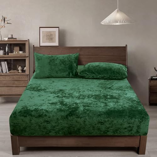 PHF Velvet Fitted Sheet Queen Size, 1 Pack Luxury Super Soft Cozy Comfy Flannel Bed Sheets with 15'' Deep Pocket, Suitable for Fall Winter and Spring, No Pillowcases, Emerald Green
