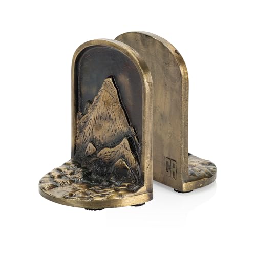 CRAFTSMAN ROAD Cast Iron Mountain Bookends Set, Antique Brass Book Ends, 2 Decorative Book Holders for Shelves or Bookcase, Stylish Brass, Non-Skid Anti-Slip Heavy Duty, Home D??cor Gift