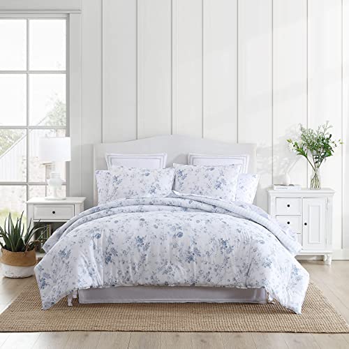 Laura Ashley Reversible Cotton Bedding with Matching Sham(s), Farmhouse Home Décor, Belinda Blue, Twin XL
