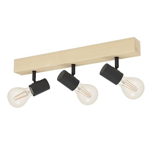 Eglo Ceiling Light Fitting Townshend 3, Vintage Ceiling lamp, Spotlight bar with 3 orientable spot Lights, Retro Light Fixture Made of Steel and Wood, Black, Brown, E27 Socket, FSC Certified