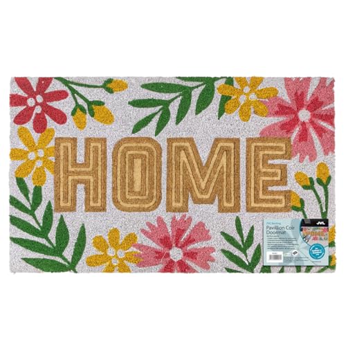 JVL Pavillion Coir Door Mat – Carnations – Natural Entrance Mat, Outdoor Indoor, Floral Welcome Mat – 45 x 75 cm