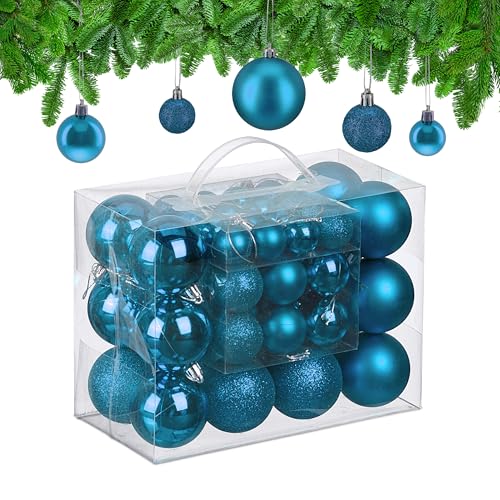 Relaxdays Christmas Baubles, Set of 50, Tree Ornaments, Holiday Decorations, Plastic, Glittery, Matte & Shiny, Petrol, 3 Sizes