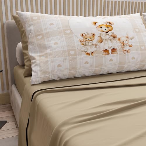 PETTI Artigiani Italiani - Cotton Sheets with Pillowcases in Digital Print, Double Bedsheets, Double Bed Set, Teddy Love Taupe, 100% Made in Italy