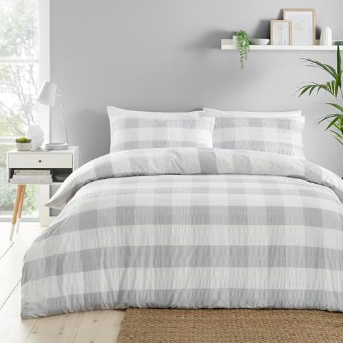 Fusion - Silver Check Seersucker Duvet Cover - King Bedding Size (230 x 220cm) - Reversible Design (Stripes) - Soft Touch - Puckered Effect Bedding - Light Grey & White Flannelette/Gingham Duvet Cover