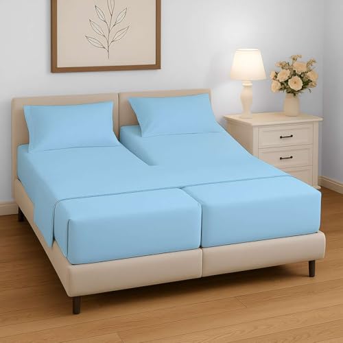 "Split King Sheets Sets for Adjustable Bed, 5 Piece Bedding Set, Ultra Soft & Wrinkle Free, Fits Between 12"" to 16"" Deep Mattress, Easy Care Brushed Microfiber, Light Blue"