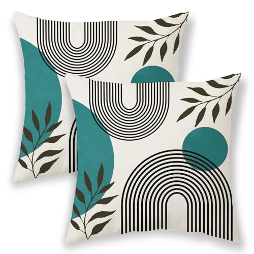 Boho Summer Pillow Covers 18x18 Inch 2 Pcs, Aqua Teal and Tropical Leaf Outdoor Decorative Throw Pillows, Mid Century Abstract Art Farmhouse Decor Pillowcase Linen Cushion Cover for Couch Sofa