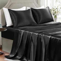 GOLAL Satin Sheets King Size - 4 Pieces Luxury Silky Soft Bed Sheets, Wrinkle-Free Black Satin Silk Sheet Set with 1 Deep Pocket Fitted Sheet, 1 Flat Sheet, 2 Pillow Cases