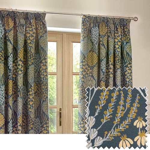 furn. Wylder Nature Ophelia Floral Jacquard Pencil Pleat Curtains - 2 Panels - Width x Drop - 117 x 183cm (46 x 72) - Blue/Saffron
