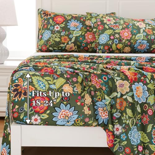 MEISHANG King Sheet Set - Ultra Soft Floral Sheets Extra Deep Pocket Fitted 18-24 Inch 100% Microfiber,1800 Thread Count Floral Bed Sheets Oeko-Tex Certificated 4 Pieces - Dark Green
