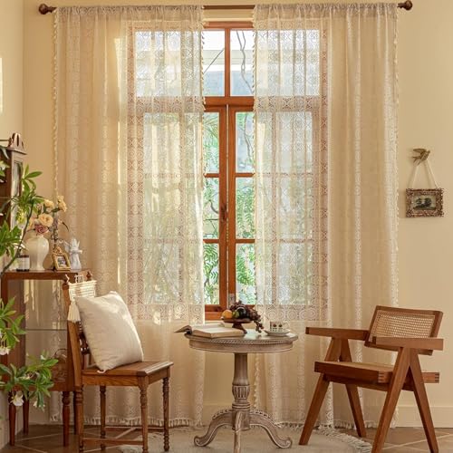 YJ YANJUN Boho Lace Curtains 72 Inches Long 2 Panel French Country Floral Sheer Curtain with Tassel Bohemian Embroidered Curtains for Bedroom Living Room Kitchen Beige W59 x L72