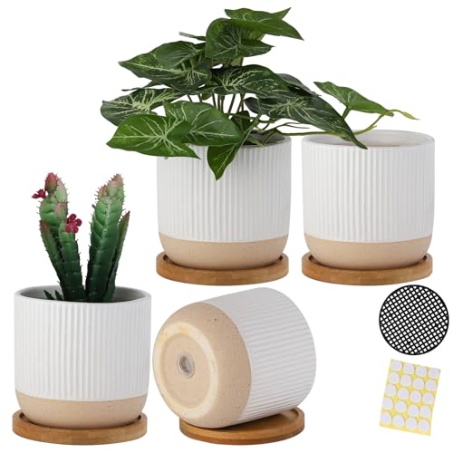 BABALIU 4 Inch Ceramic Plant Pots with Drainage Holes and Trays, Modern Small Minimalist Flower Planter Pot with Saucers for Indoor Plants, Succulent, Snake Plants, Cactus & Herbs, White, Set of 4