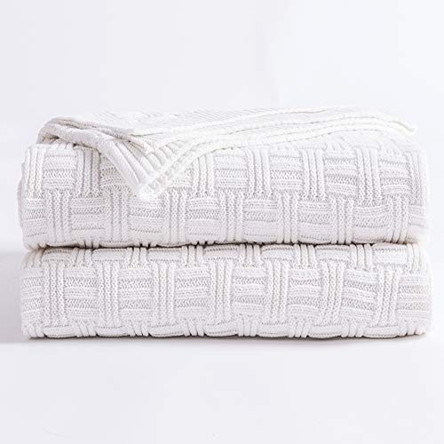 Large 100% Cotton Pure White Cable Knit Throw Blanket for Couch Sofa Bed with Bonus Laundering Bag - 60 x 80 Inches, 3.4 lb, Machine Washable, Comfortable Home Decor