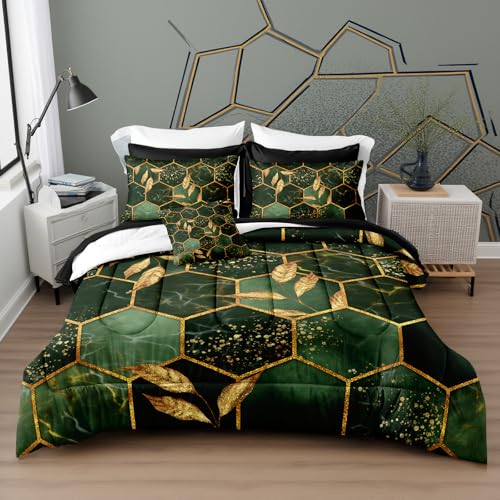 Herside Green and Gold King Comforter Set with Sheets,8 Pieces Geometric Bedding Set,Abstract Marble Texture Background Modern Geometric Comforter Set,King Bed in a Bag Set for All Season
