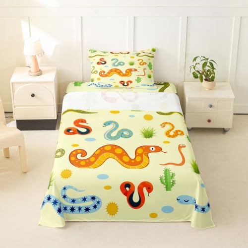 Snake Fitted Sheet Twin Size,Cartoon Snake Print Bed Sheet Sets for Kids Teens Adults,Wildlife Animal Top Flat Sheet 2 Piece,Light Yellow Bedding Sets Bedroom Decor Soft with 1 Pillowcase