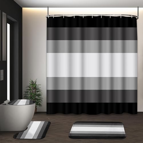 Tayney Black Grey Shower Curtain Set with Toilet Lid Cover and Non-Slip Rugs for Bathroom, Modern Striped Lines Gray Ombre 4 Pcs Shower Curtain, Simple Abstract Bathroom Set with 12 Hooks