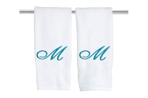 Decorvo White Monogrammed Hand Towels for Bathroom - Luxury Hotel Quality Personalized Initial Embroidered Towel for Powder Room, Spa - GOTS Organic Certified - Set of 2 Teal Letter M