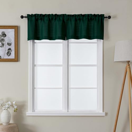 "Lecloud Bessie Hunter Green Valance for Windows 14 Inch Length 2 Pcs, Classic Textured Faux Linen Cafe Curtains, Rod Pocket Short Curtains for Bathroom Basement Laundry Room, Each 30"" W x 14"" L"