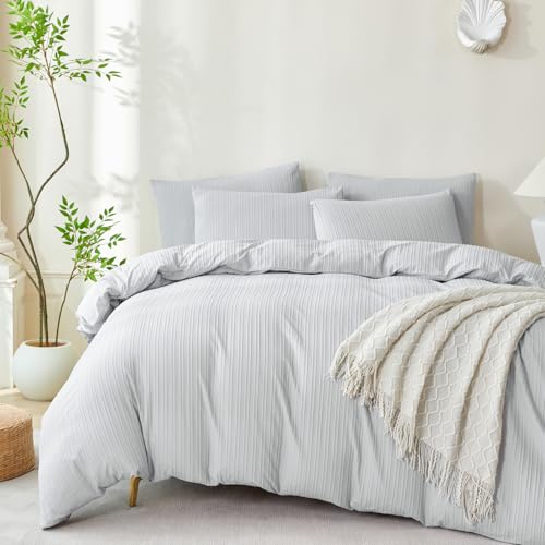 TISPLR Comforter Set Queen Light Grey Striped Washed Microfiber 3 Pieces Jacquard Bedding, Grey Vertical Ticking Stripes Comforter with 2 Pillowcases, Luxury Soft Breathable Durable Comfy