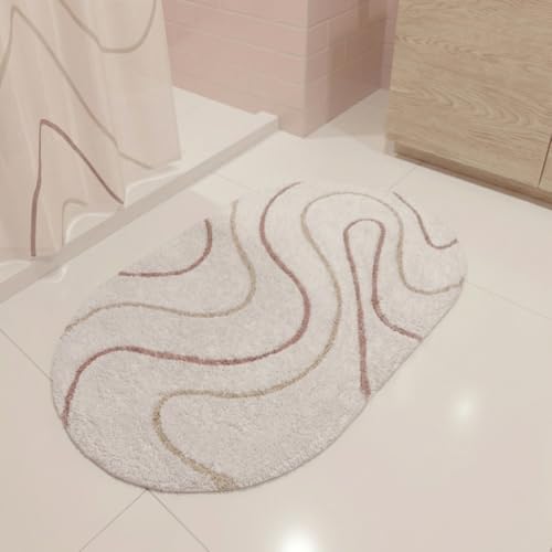 Croydex Soft Pink Swirl Oval Bath Mat, Machine Washable Recycled Cotton Rug, Non Slip Bathroom Mat 45 x 72 cm