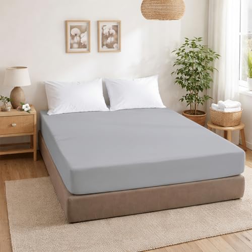 ECOMMERC3 - Fitted Sheet for 105 cm Bed Adjustable 100% Cotton Soft, Breathable and Fitted Sheet Silver Grey for Mattresses up to 30 cm Height