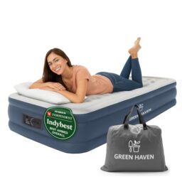 Green Haven Raised Single Air Bed - Built-in Electric Pump - Self-Inflating - BLOW-UP MATTRESS: storage bag · waterproof · durable · camping · indoor · outdoor · portable · festival
