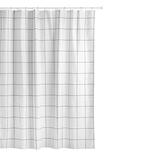 TATAY Fabric Shower Curtain 180 x 200 cm - Includes 12 Hooks - Washable Shower Curtain with Modern Design - Durable Polyester Fabric - Industrial Model – White & Black