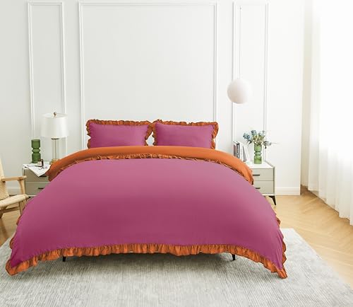 GC GAVENO CAVAILIA Ruffles Duvet Cover Sets - 2Piece Polycotton Frill Bedding Single Duvet Cover Set With Pillow Case - Hypoallergenic Reversible Plain Quilt Cover Set 135x200 Cm, Hot Pink/Orange