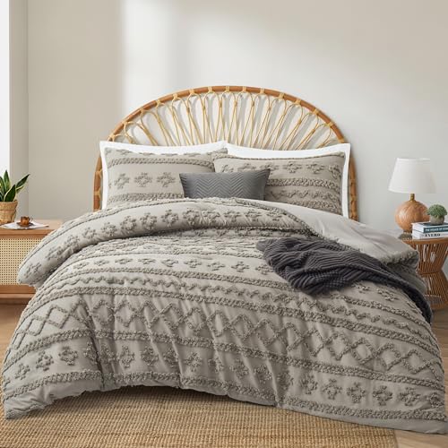 Oli Anderson King Comforter Set, Tufted Boho Bedding Sets - 3 Pieces All Season, Fluffy and Breathable, 2 Pillowcases, Light Grey