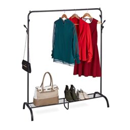 Relaxdays Coat Rack Metal, Shoe & Bag Shelf, 6 Hooks, Clothes Rail Bedroom, HWD: 145 x 132 x 44 cm, Free Standing, Black, Steel