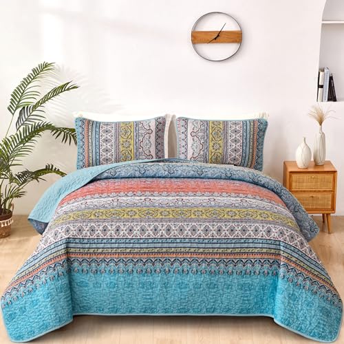 "WONGS BEDDING Boho King Quilt Set, Pink and Blue Bohemian Quilt Bedding Set, Lightweight Bed Decor Bedspread for All Season Reversible Microfiber Coverlet Bedding Set 103""x90""(3 Pieces)"