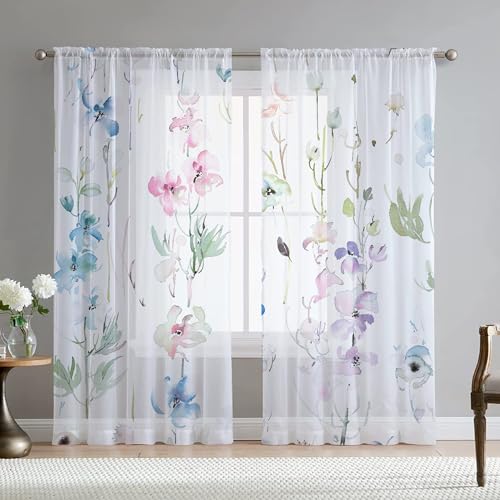 Fereyis Floral Leaves Curtains for Living Room 63 inch Length 2 Panels Set Elegant Blue Pink Spring Flower Printed Window Curtain Natural Sheer Curtains Chiffon Drapes for Bedroom