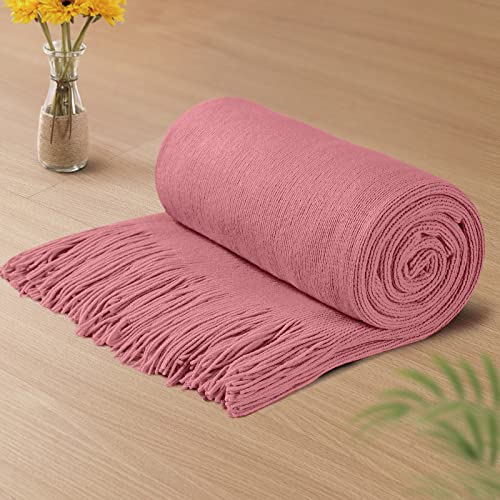Vonty Dusty Pink Knitted Throw Blanket with Tassels Fringe, 50x60 Acrylic - Super Soft And Lightweight, Year-Round Cozy Warmth, Farmhouse Decorative Style, Machine Washable, for Couch, Sofa or Bed