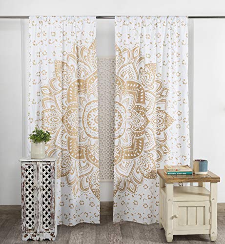 Popular Handicrafts Printed Curtains Panels Set of 2 Indian Hippie Bohemian Beautiful Ombre Color Mandala Curtain Panels White Gold