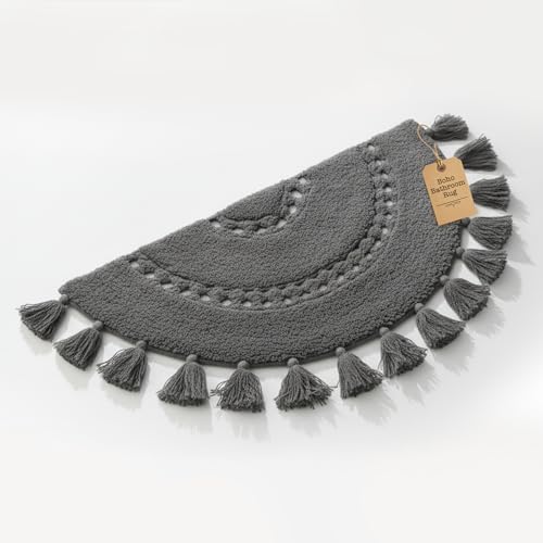 BIEN BEAU Half Circle Boho Rug with Tassels for your Bathroom - Beautifully Handcrafted with Crochet Insert - Soft 100% Cotton - Non-Slip Bohemian Bedroom Bath Mat Decor - Charcoal Grey 42x22