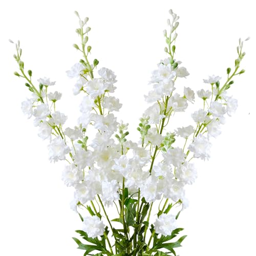 ZYTUYO 4PCS 33.5'' White Delphinium Artificial Flower Faux Larkspur Long Stem Fake Floral Silk Bouquets Plant for Tall Floor Vase Home Kitchen Wedding Outdoor Indoor Decoration, (H005-FYC)