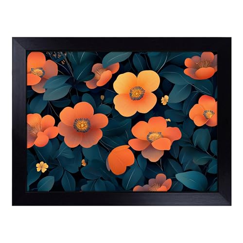 Lap Tray with Bean Bag Cushion, Retro Flowers - Handmade in the UK, Raised Wooden Edge, Padded Cushion, Heat-Resistant Wipe-Clean Surface, for Meals, Laptops and Crafts