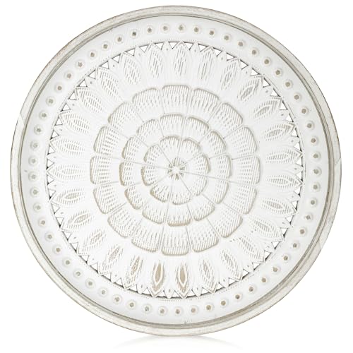 Hanobe Decorative Round Coffee Tray: White Wooden Carved Boho Decor Serving Trays Farmhouse Circle Wood Platter for Counter Table Centerpiece Ottoman