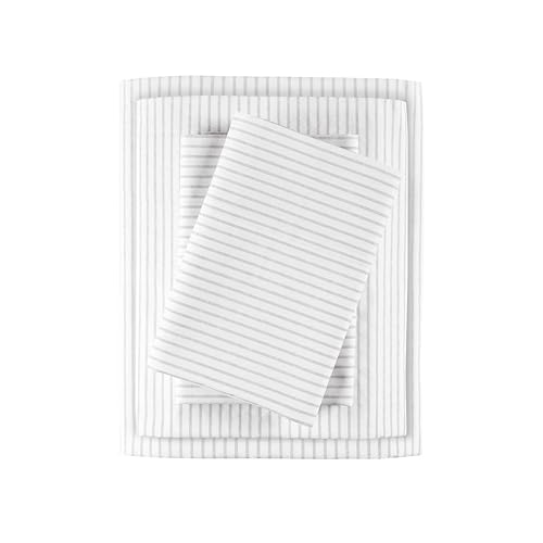 "Madison Park Essentials 100% Cotton Sheets, Breathable&Soft Cotton Bed Sheets, Printed Design, Elastic Pocket Cotton Sheet Set Fits Up to 17"" Mattress, All Season, Queen Gray Stripes 4 Piece"